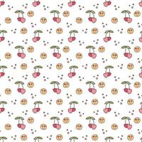 Pattern with smiles and cheries. Cute seamless pattern y2k with smiles, cherries and circles. Cartoon doodle vector illustration.