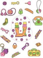 Girly stickers 90s set. Cute and groovy girly stickers set with rubber boots, keys, locks, tape recorder. Cartoon doodle vector illustration.