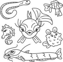 Doodle fish set. Cute small set with 5 types of sea creatures. vector