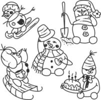 juego de garabatos con muñecos de nieve. pequeño conjunto lindo con 5 muñecos de nieve diferentes. vector