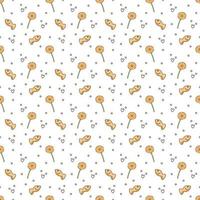 Pattern with lollipop and cookies. Cute seamless pattern with orange lollipop and fish cookies. Cartoon doodle vector illustration.