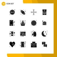 Universal Icon Symbols Group of 16 Modern Solid Glyphs of stat mobile snowflake graph tecnology Editable Vector Design Elements
