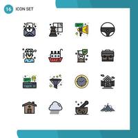 Pack of 16 Modern Flat Color Filled Lines Signs and Symbols for Web Print Media such as fisherman diamond megaphone man wheel Editable Creative Vector Design Elements