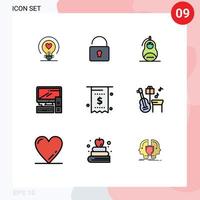 Pictogram Set of 9 Simple Filledline Flat Colors of currency pc grenade office computer Editable Vector Design Elements