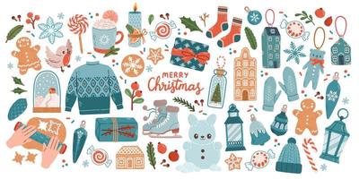 Christmas big set of elements with cookies, houses, presents, sweater, fur tree, wreaths. Stickers set. Hand drawn style vector