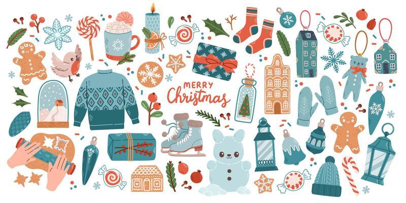 Christmas big set of elements with cookies, houses, presents, sweater, fur tree, wreaths. Stickers set. Hand drawn style