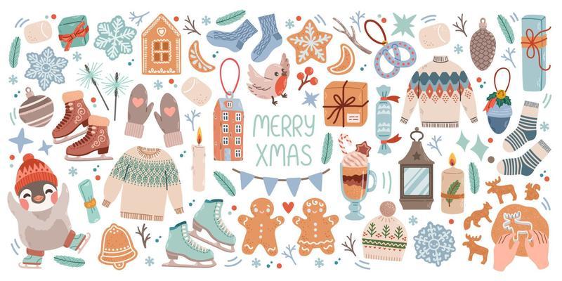 Christmas big set of elements with cookies, houses, presents, sweater, fur tree, wreaths. Stickers set. Hand drawn style