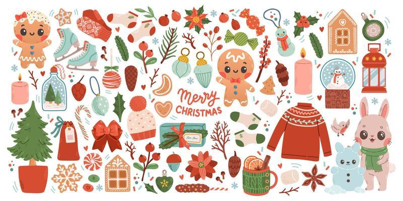 Christmas big set of elements with cookies, houses, presents, sweater, fur tree, wreaths. Stickers set. Hand drawn style
