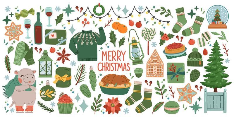 Christmas big set of elements with cookies, houses, presents, sweater, fur tree, wreaths. Stickers set. Hand drawn style