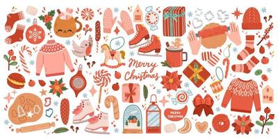 gran conjunto de elementos navideños con galletas, casas, regalos, suéter, árbol de pieles, coronas. conjunto de pegatinas estilo dibujado a mano vector