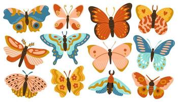 Butterflies and moths collection with abstract decorative modern design, isolated on white. Vector illustration