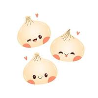 Cute cartoon dumplings vector drawing. Traditional Japanese dumplings with funny smiling faces. Kawaii asian food vector illustration.