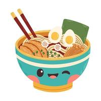 Hand drawn cute ramen noodle in the bowl with pork chicken illustration design vector