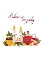 Autumn tea party postcard with candles, honey jar, cups, teapot and lemon vector