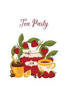 Tea party postcard with jam jar, strawberries, tea, honey and lemon vector