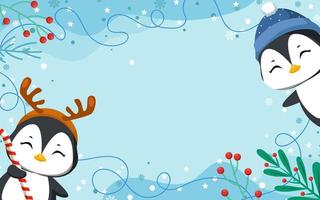 Penguins in winter background with element vector