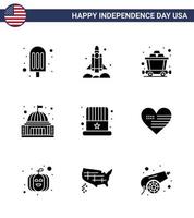 USA Independence Day Solid Glyph Set of 9 USA Pictograms of cap white cart landmark building Editable USA Day Vector Design Elements