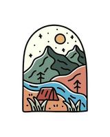 mono line of camping mountain outdoor wildlife for t-shirt, sticker, and badge design vector