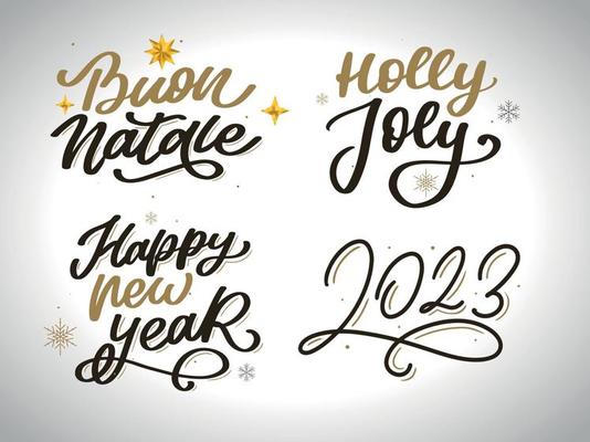 Merry Christmas set 2023 Happy New Year, typography lettering badge emblems quotes set collection. Vector logo design for postcard, invitation, greeting card, poster, gift.