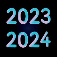 Happy new year 2023 2024 future metaverse neon text neon with metal effect, numbers and futurism lines. Vector greeting card, banner, congratulation poster 3d illustration.