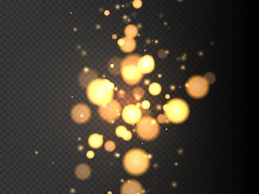 Golden bokeh lights with glowing particles isolated.
