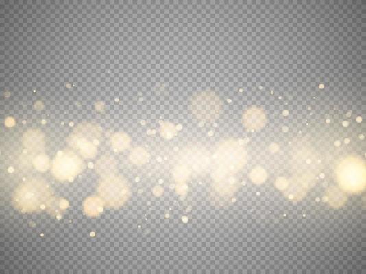 Golden bokeh lights with glowing particles isolated.
