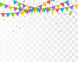 Falling confetti with flag garlands, birthday vector background