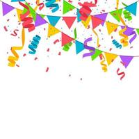 Falling confetti with flag garlands, birthday vector background