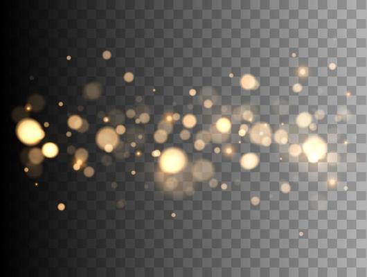 Golden bokeh lights with glowing particles isolated.