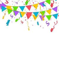 Falling confetti with flag garlands, birthday vector background
