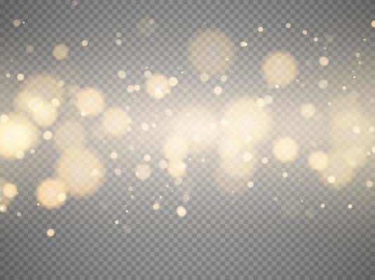 Golden bokeh lights with glowing particles isolated.