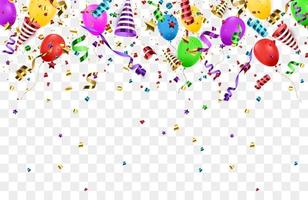 banner de feliz cumpleaños con globos de colores y confeti sobre fondo azul. vector