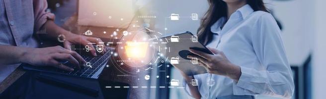 Document management system concept, Businessman signs electronic documents on digital documents, searching and managing files online document database, for efficient archiving and company data photo