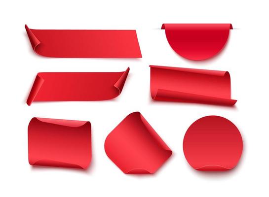 Set Of Blank Red Ribbons, Tags, Badges, And Labels Isolated.