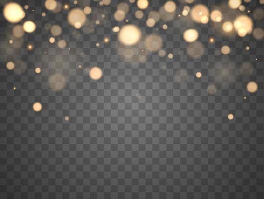 Golden bokeh lights with glowing particles isolated.