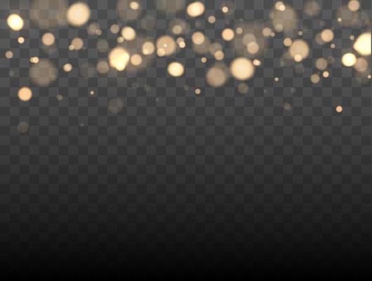 Golden bokeh lights with glowing particles isolated.