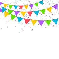 Falling confetti with flag garlands, birthday vector background