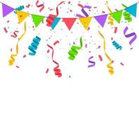 Falling confetti with flag garlands, birthday vector background