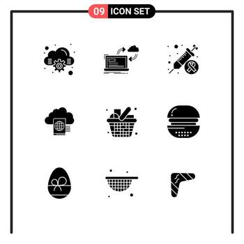 Universal Icon Symbols Group of 9 Modern Solid Glyphs of grocery upload cancer folder cloud Editable Vector Design Elements
