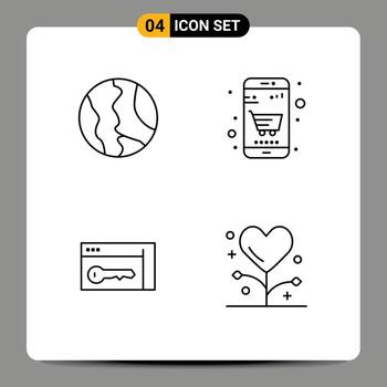 Set of 4 Modern UI Icons Symbols Signs for global browser world business key Editable Vector Design Elements
