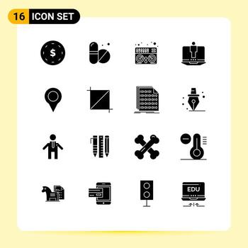 16 signos de glifos sólidos universales símbolos de elementos de diseño de vector editables de hardware de ubicación de mezclador de mapa pin