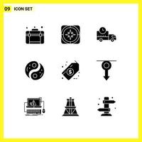 Pack of 9 Modern Solid Glyphs Signs and Symbols for Web Print Media such as yin unity travel taoism truck Editable Vector Design Elements