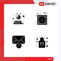 Pictogram Set of 4 Simple Solid Glyphs of campfire mail flame wall clock apron Editable Vector Design Elements