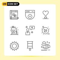 9 iconos creativos para el diseño moderno de sitios web y aplicaciones móviles receptivas. 9 signos de símbolos de contorno sobre fondo blanco. Paquete de 9 iconos. vector