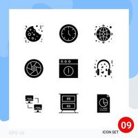 Mobile Interface Solid Glyph Set of 9 Pictograms of app television arrow tap cinema Editable Vector Design Elements