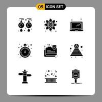 Group of 9 Solid Glyphs Signs and Symbols for protection connection computer watch stop watch Editable Vector Design Elements