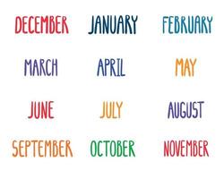 Vector Set of Hand Drawn Lettering of Months of the Year. Lettering for Planer Stickers