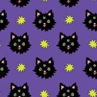 patrón psicodélico decorativo sin costuras con gato mágico trippy del tercer ojo sobre fondo violeta. fondo para fiesta loca y funky vector