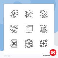 Pack of 9 Modern Outlines Signs and Symbols for Web Print Media such as server folder tank vacation beach Editable Vector Design Elements