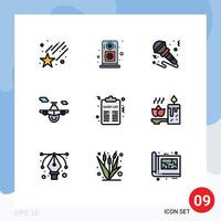 Group of 9 Filledline Flat Colors Signs and Symbols for party celebration sound world plane Editable Vector Design Elements